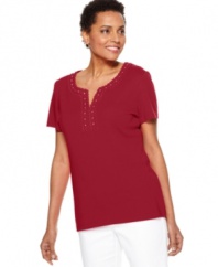 The classic cotton tee gets revamped, from Karen Scott. Skip the necklace -- the studded appliques at the neckline add the right dash of sparkle!