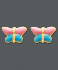 A precious design for your sweet little girl. These butterfly stud earrings feature a 14k gold post setting with colorful pink and blue enamel. Approximate diameter: 1/4 inch.