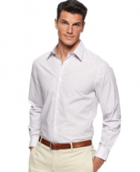 Professorial charm.  Impress with your style knowledge in this plaid woven shirt from Perry Ellis.