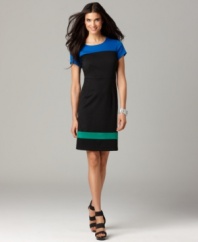 Colorblocking adds a graphic appeal to this otherwise classic DKNYC shift dress -- perfect for a pretty, polished look!