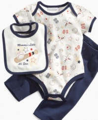 Aim high. Get him ready for the majors in this sporty bodysuit, pant and bib 3-piece set from First Impressions.