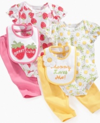It'll be easy to look on the bright side whenever you see her in one of these sweet bodysuit, pant and bib sets from First Impressions.
