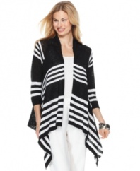 Go graphic in this draped cardigan from J Jones New York, featuring statement-making stripes and a dramatic silhouette.