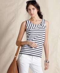 Life's a beach in this nautical shirt from Tommy Hilfiger, featuring seaside-inspired stripes and a chic knotted detail. Pairs well with white jeans!