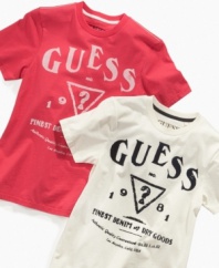 Finest tradition. He can throw on this throwback t-shirt from Guess to boost his fresh summer style.