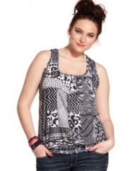 Get graphic with Eyeshadow's plus size tank, featuring a black-and-white mixed print that's begging to be paired with bold pops of color! Try with red or fuchsia lipstick or bright-hued bottoms.