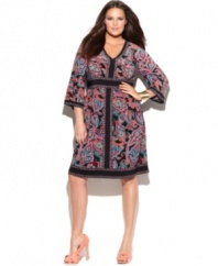 Liven up your look with INC's three-quarter sleeve plus size dress, accented by an on-trend scarf print.