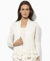 An airy cascade of ruffles lends graceful charm to this long-sleeved Lauren by Ralph Lauren cardigan, crafted from luxurious tussah silk in an elegant open-front silhouette.