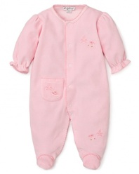 This super-soft velour footie snuggles her with adorable details, from the floral embroidery to the ruffled cuffs and single pocket embroidered with a ballet shoe. (Tuck her binkie in it!)