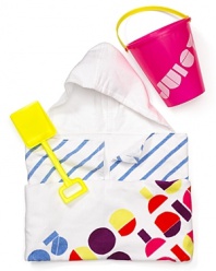 Beach-time, baby! The perfect summertime set includes a hooded towel with retro logo printing and stripe accents and sand pail and shovel.