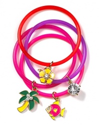 A super cute finish to her look, this set of four jelly bracelets add enameled charms for a decidedly Juicy Couture flair.