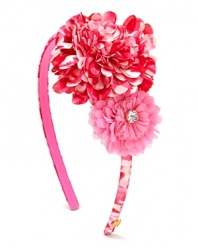 Her finishing touch, the Juicy Couture headband with two fabric flowers and rhinestone detail.