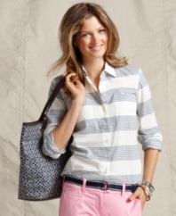 A striped button-front shirt is a springtime essential, from Tommy Hilfiger.