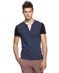 Need a t-shirt upgrade? Try this hip double layer shirt from Bar III to raise your game.