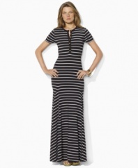 A warm-weather essential, Lauren by Ralph Lauren's chic striped maxi dress is crafted with short sleeves and a buttoned placket.
