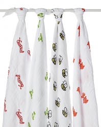 Make baby feel warm and secure with this set of so-soft swaddles constructed from lightweight cotton muslin to reduce the risk of overheating. Also great as a stroller drape, nursing cover or burp cloth.