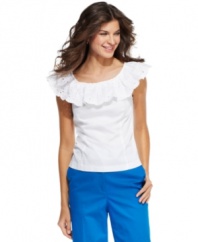 Create an alluring look -- even on casual days, with Jones New York Signature's crisp cotton top. The ruffled neckline with eyelet embroidery is so summery and super-flattering, too!