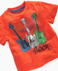 A cute look that will strike exactly the right chord, this tee from Flapdoodles will help make his closet rock harder.