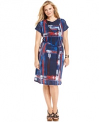 A graphic print highlights J Jones New York short sleeve plus size dress for a modern look-- it's perfect for work!