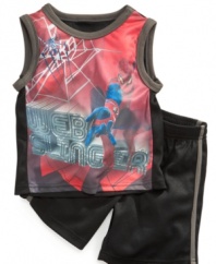 Keep him cool in this mesh tank and shorts set from Clubhouse, featuring his favorite superhero Spidey.