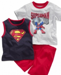 While he's completing feats of strength on the playground and in the classroom, he can look his coolest with Superman in this t-shirt, tank and shorts set.
