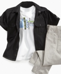 Breezy. This crisp t-shirt, button-front shirt and pants set from Kenneth Cole is a simple and stylish look.