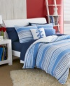 Outfit the bedroom with a preppy punch. This Vineyard Stripe comforter set boasts a pattern of blue and white horizontal stripes on one side and a subtle checkered print on the reverse. Finish the look with the coordinating decorative pillow, featuring the Izod logo.