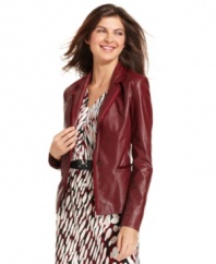 Hit all the right notes in Ellen Tracy's polished blazer, featuring faux leather in a rich, red hue. Pleated ribbon trim gives it a feminine touch, while a knit panel at the back makes it light enough for spring!