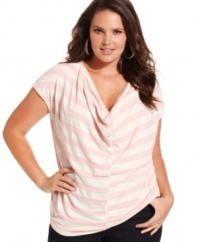 Finish your weekend look with DKNY Jeans' short sleeve plus size top, featuring a draped neckline and striped pattern.