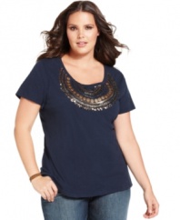 Let your look shine with Lucky Brand Jeans' short sleeve plus size top, finished by metallic embellishments.