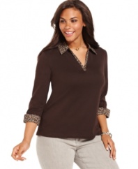 Safari styling elegantly accents Karen Scott's three-quarter-sleeve plus size top-- snag it at an Everyday Value price!