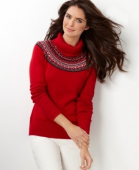 Charter Club offers the coziest look of the season with this turtleneck sweater in Fair Isle knit. Try it with winter white jeans for fresh style.