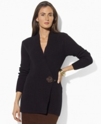 Crafted in a unique reversed-rib knit, Lauren by Ralph Lauren's soft cotton long-sleeved sweater is rendered in a flattering wrap silhouette with a heritage-inspired faux-leather woven button closure.
