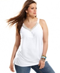 Look white hot this season with INC's sleeveless plus size top, elegantly embellished by a beaded neckline.