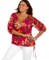 Celebrate tropical style with Calvin Klein's three-quarter sleeve plus size peasant top, boasting a Brasil-inspired print!