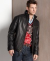You'll exude cool, classic style in this comfortable leather bomber jacket from Marc New York.