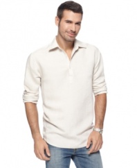Dressed up or down, this embroidered shirt from Cubavera exudes handsome polish in a light and airy fabric.