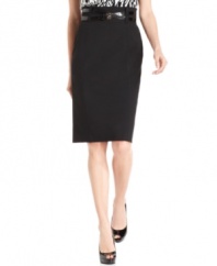 Calvin Klein adds a little edge to a classic pencil skirt with high-waisted silhouette and a double-wrap belt. Wear it with an array of coordinating tops from this stylish collection or others you already have at home.