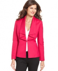 Create a standout look any day of the week with Tahari by ASL's ruffle-front jacket. The hot pink color pops against classic grey and black pants.