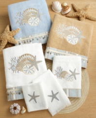 Transform your bathroom into a beach-side escape with the Avanti By the Sea bath towels. Featuring patterns filled with sea shells and starfish, and trimmed with a dangling shell, this tranquil towel collection will add relaxing tones to any bathroom ensemble.