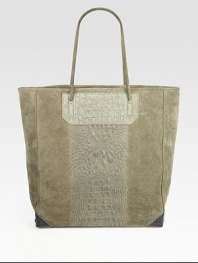 A crocodile-embossed panel is at the center of this chic carryall, made of sumptuous suede. Shoulder straps, 7½ dropProtective metal feetOne inner zip pouchTwo inside open pockets12½W X 13H X 4½DImported