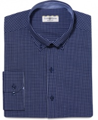 Shake up your wardrobe of solids with the sophisticated slim fit of this navy check shirt from Club Room.