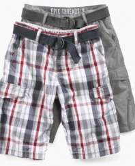 Crisp plaid or a sleek neutral gray, these cargo shorts from Epic Threads provide enough space to store all his essentials.