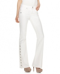 Biker-chic gets updated for spring with these white moto-inspired Andrew Charles flared jeans featuring hardware buttons to up the edge!