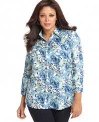 A refreshing floral print livens up Karen Scott's three-quarter sleeve plus size shirt-- dress it up with trousers or down with denim. (Clearance)