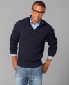 Give yourself a little room to move. A buttoned mock-neck sweater from Tommy Hilfiger adjusts to your preferences.