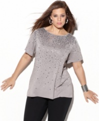 Show off your sparkle with INC's short sleeve plus size top, featuring a sequined finish.