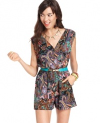 Go crazy for paisley with a button-front romper that thrives on the super-colorful, swirling print! From Material Girl.