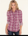 GUESS Maggie Long-Sleeve Plaid Top, SANGRIA KISS MULTI (SMALL)