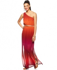 Like the colors of the setting sun, Bar III's ombre maxi dress makes a stunning impact! The one-shoulder styling and a metallic belt complete the look.